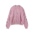 Damen nan oversize Strickcardigan mit Zopfmuster und Sternapplikationen V-Ausschnitt Knopfleiste