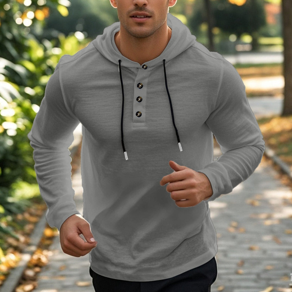 Herren nan Henley-Kapuzenpullover mit Knopfleiste und verstellbarem Kordelzug