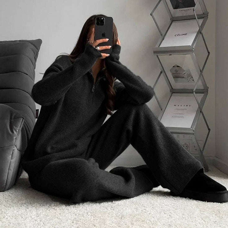 Damen nan geripptes Strick-Lounge-Set mit Halbzip-Pullover und hochgeschnittener Leggings