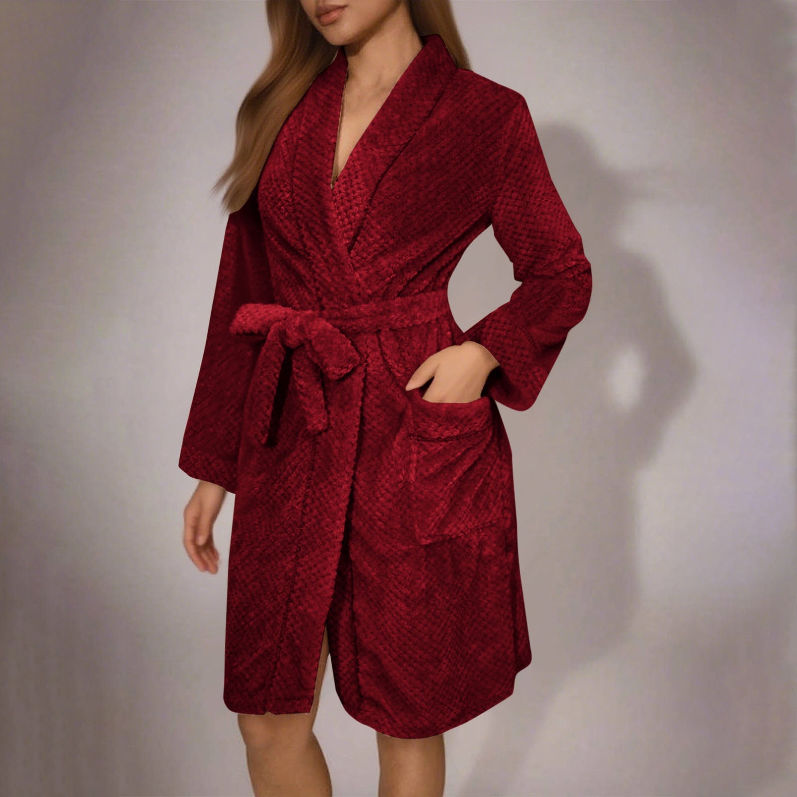 Damen Kuscheliger Bademantel mit Gürtel und Taschen Selmira