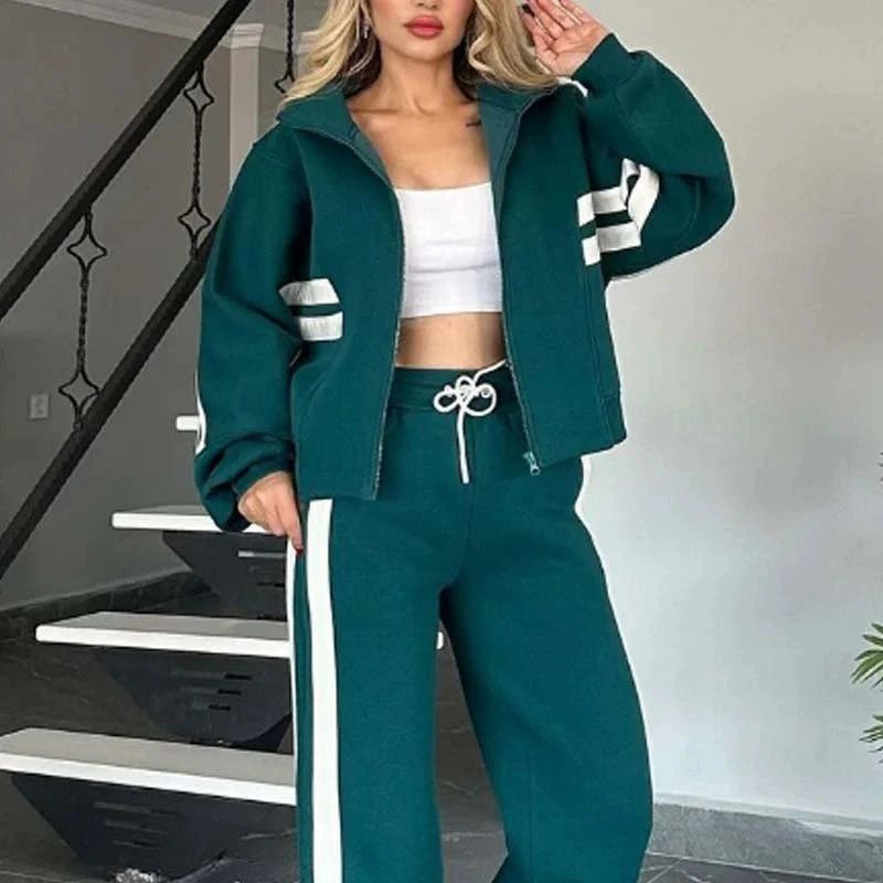 Damen nan athletisches Zweiteiler-Set aus French Terry mit Reißverschluss Cropped Jacke und weitem Highwaist Jogger