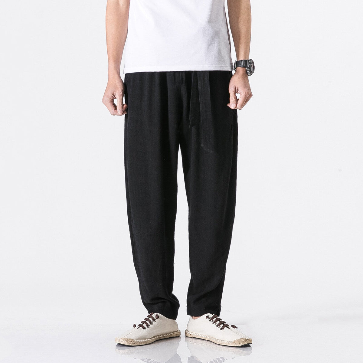 Herren nan entspannte Leinen-Baumwoll Harem-Joggerhose mit verdecktem Tunnelzug und tapered Bein