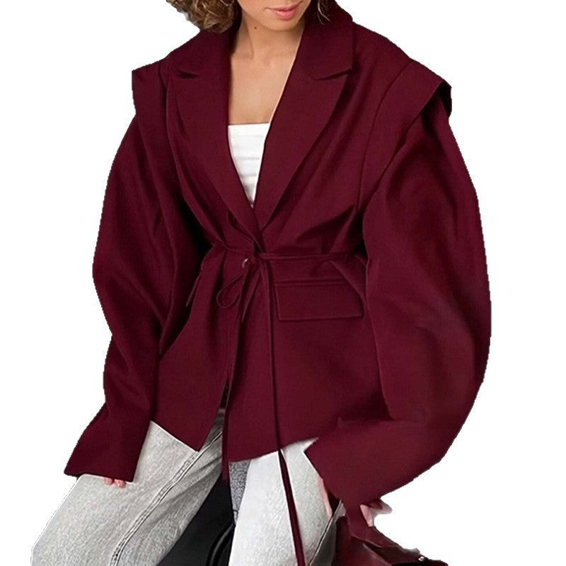Damen nan taillierter Blumenblazer mit Bindegürtel und Reverskragen