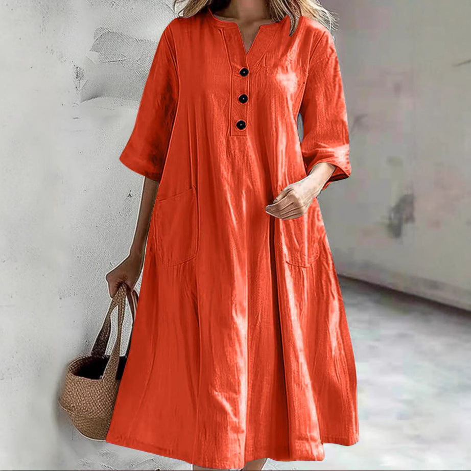 Damen nan locker fallendes A-Linien Kleid mit V-Ausschnitt-Knopfleiste, 3/4-Ärmeln und aufgesetzten Eingrifftaschen
