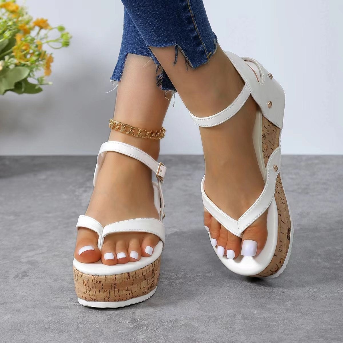 Damen Keil-Sandalen mit elastischem Riemendesign und korkähnlicher Sohle Selmira