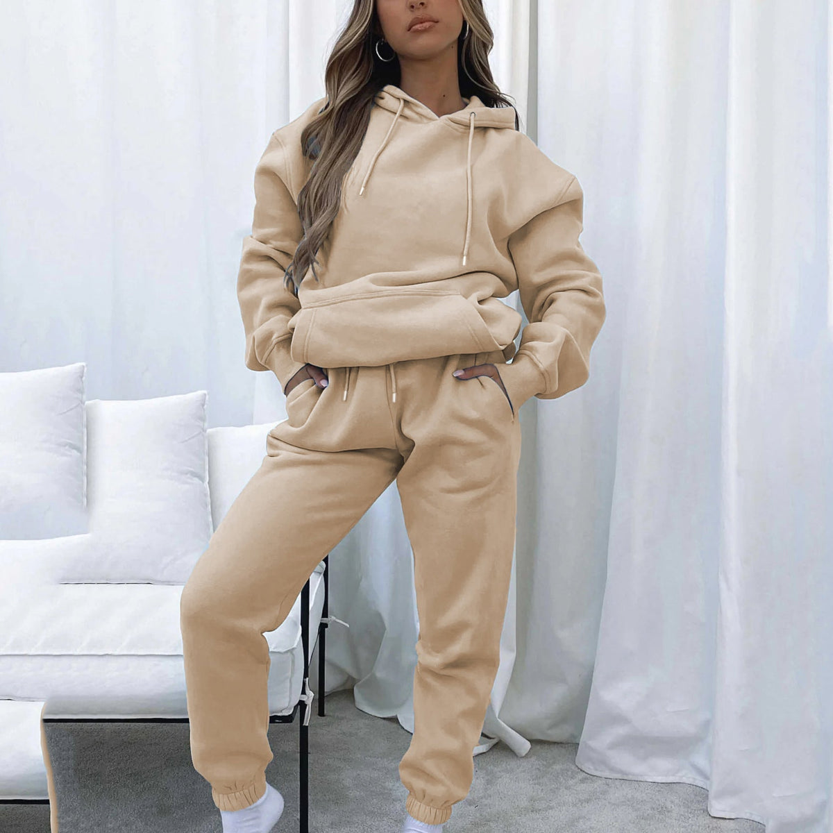 Damen nan Cropped Kapuzenjacke und High-Waist Jogginghose Set aus French Terry mit elastischem Bund