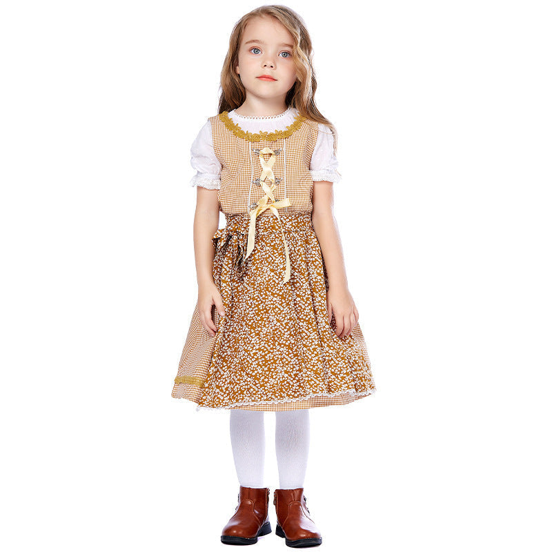 Damen nan traditionelles Trachtenkleid-Set mit geschnürtem Mieder, bestickter Puffbluse und abnehmbarer Schürze