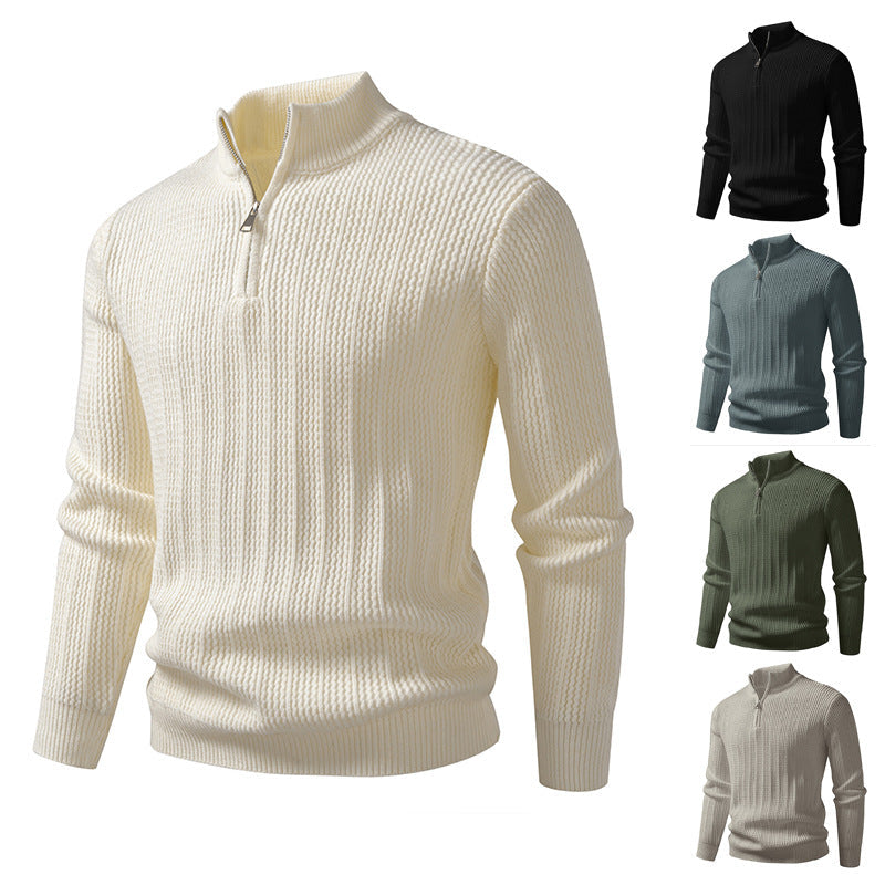 Herren nan feinstrukturierter Halbzip-Pullover mit Stehkragen, geripptem Strukturstrick und schmaler Passform