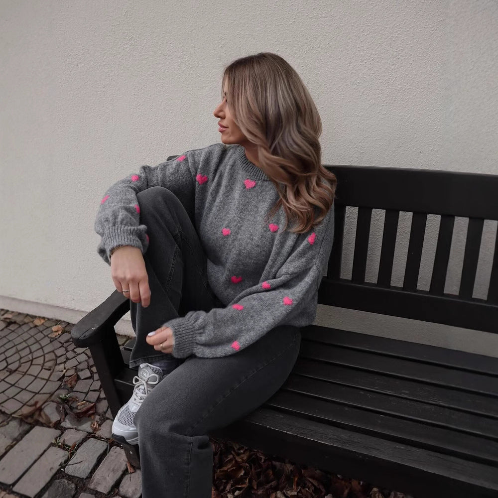 Damen nan oversized Strickpullover mit Herzintarsien und Ballonärmeln