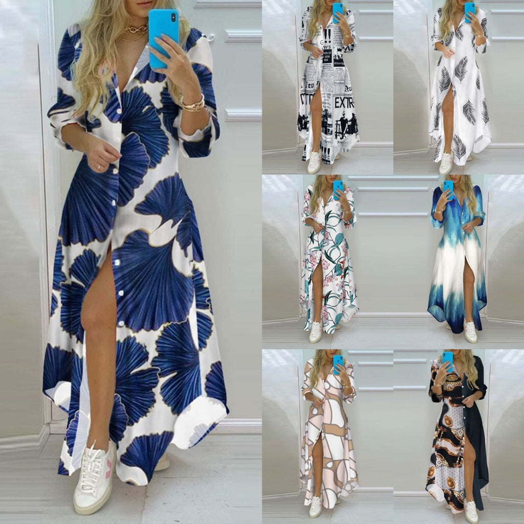 Damen nan knopfbares Maxi-Hemdkleid mit geometrischem Muster, V-Ausschnitt, Kentkragen und hohem Beinschlitz
