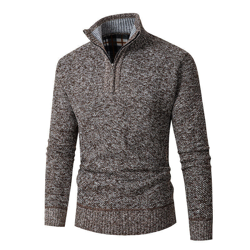 Herren nan grobgestrickter Halfzip-Pullover mit Stehkragen und karierter Krageninnenseite