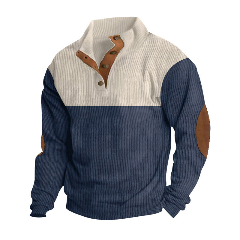 Herren nan gerippter Pullover mit Stehkragen, Knopfleiste und Ellbogen-Patches