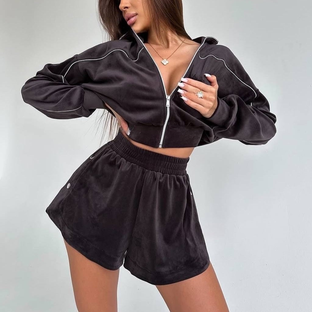 Damen nan kurzes Velours-Lounge-Set mit Cropped Zip-Hoodie und elastischer Highwaist-Shorts