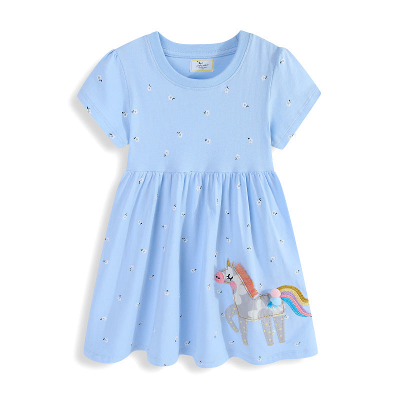 Mädchen Baumwollkleid mit süßer Einhorn-Stickerei