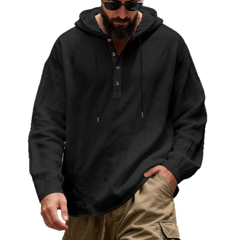 Herren nan Henley-Kapuzenpullover mit Knopfleiste und verstellbarem Kordelzug