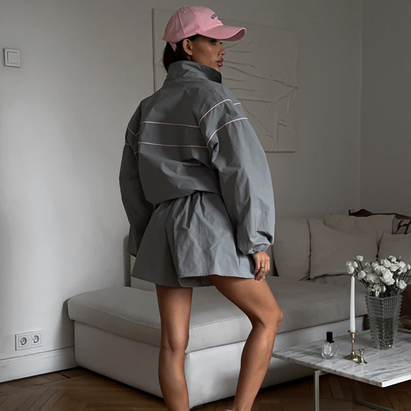 Damen nan Oversize Windbreaker-Set mit Taillenzug und hochgeschnittenen Shorts
