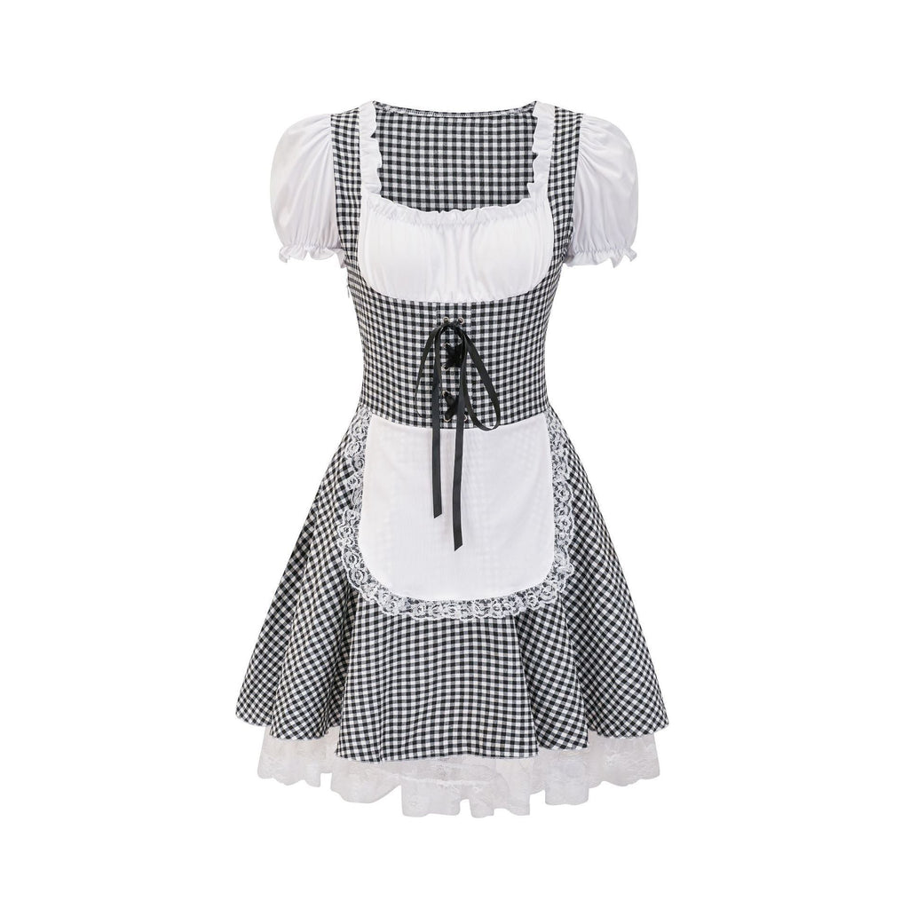 Damen nan Trachtenkleid im Vichy-Stil mit Puffärmeln, Schnürkorsett und Spitzenschürze