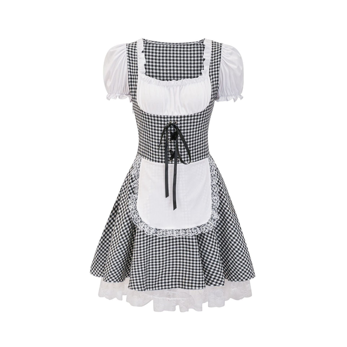 Damen nan Trachtenkleid im Vichy-Stil mit Puffärmeln, Schnürkorsett und Spitzenschürze