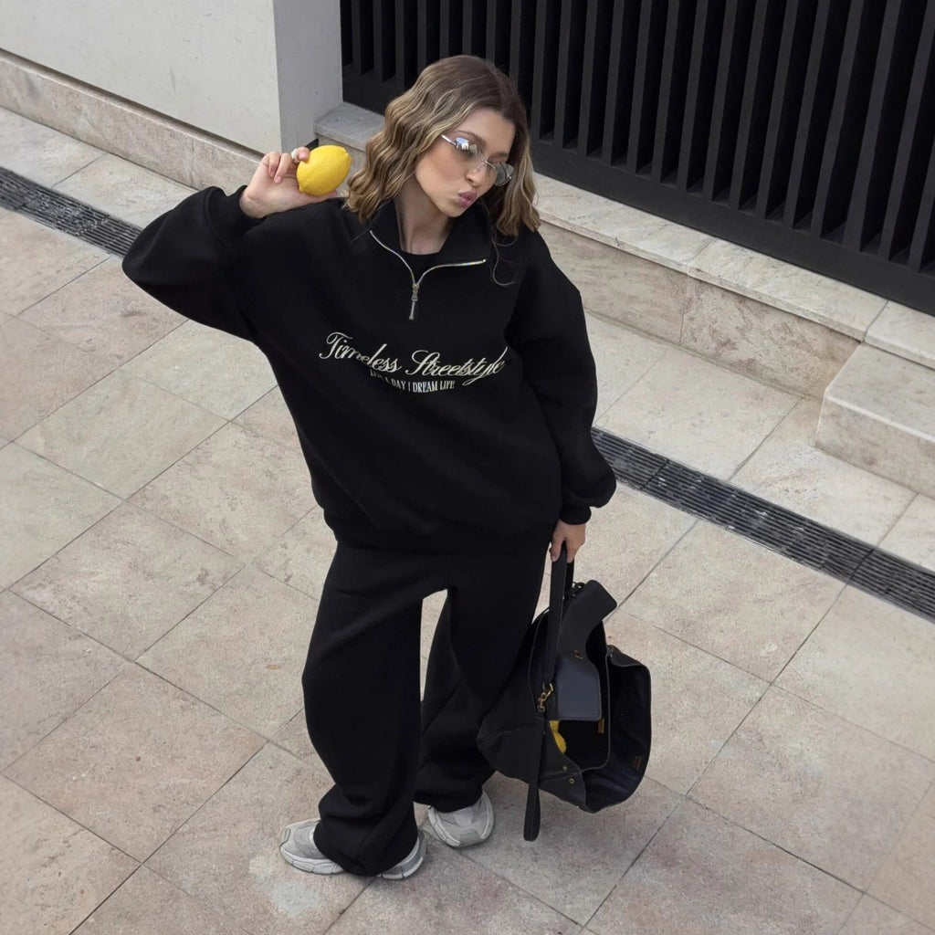 Damen nan oversized Halbzip-Sweatshirt mit hohem Stehkragen und Statement-Print