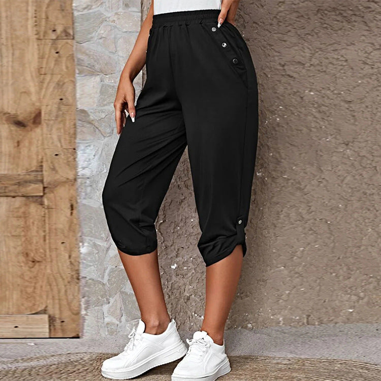 Damen nan lässige dreiviertellange Hose mit elastischem Bund, Eingrifftaschen und krempelbarem Saum