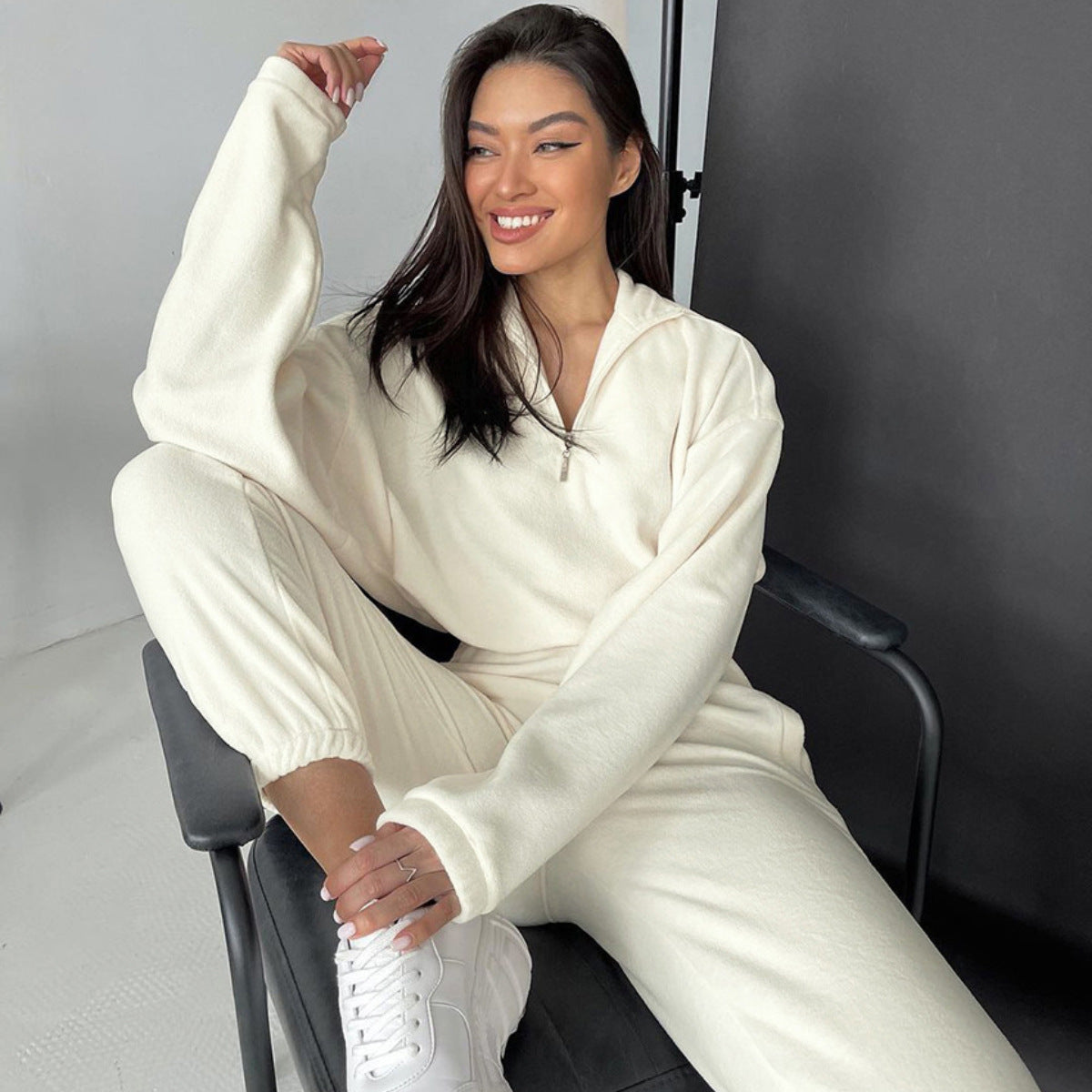 Damen nan kurz geschnittenes Thermo-Fleece-Set mit Halbfront-Reißverschluss und hohem Komfortbund
