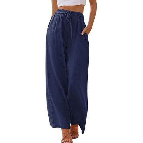 Damen nan weite Leinenhose mit elastischem Bund Kordel und Seitentaschen