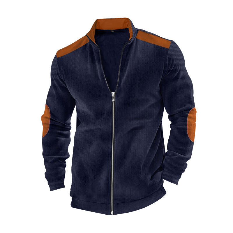 Herren nan Stehkragen-Sweatjacke mit feiner Rippstruktur, Ellbogen-Patches und kontrastierenden Schulterdetails