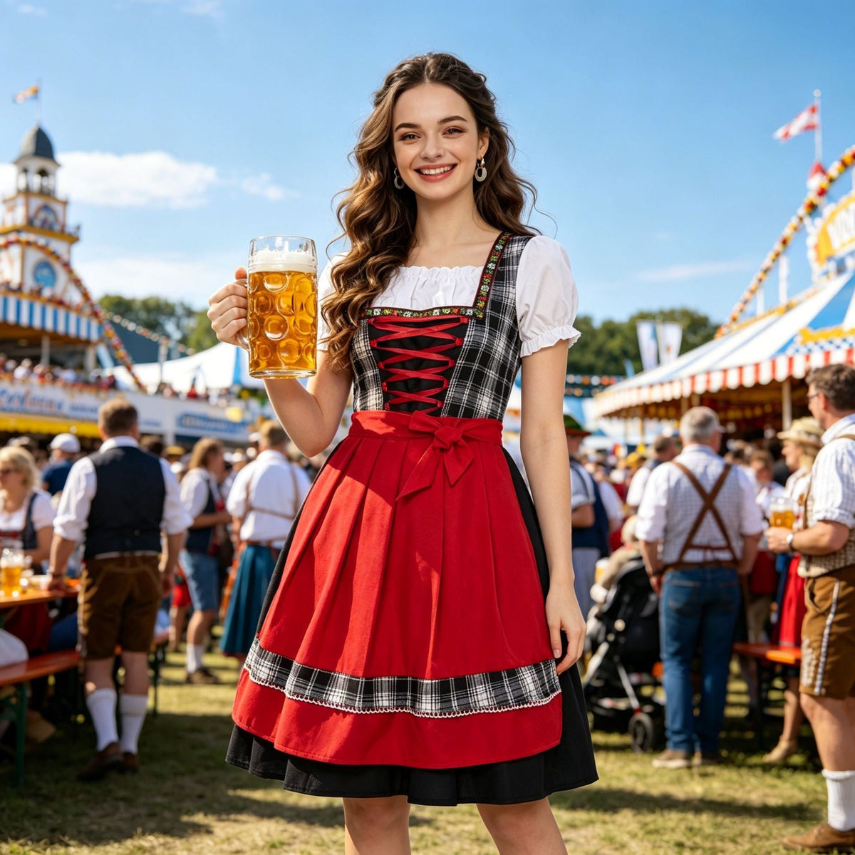 Damen nan traditionelles Trachten-Dirndl mit Schnürleiste, A-Linie Rock und Schleifen-Schürze