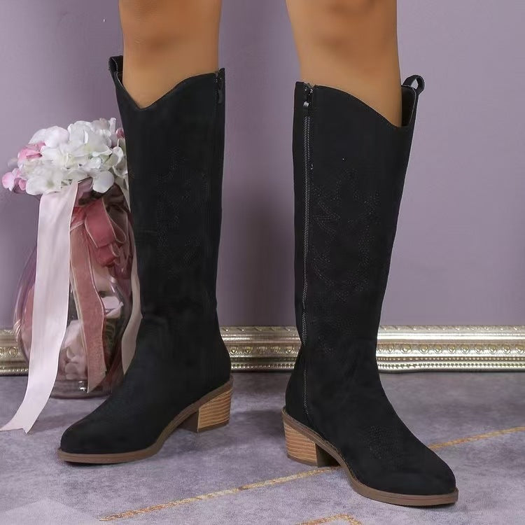 Damen nan Kniestiefel im Westernstil mit mittelhohem Blockabsatz seitlichem Reißverschluss und gesticktem Wildlederfinish