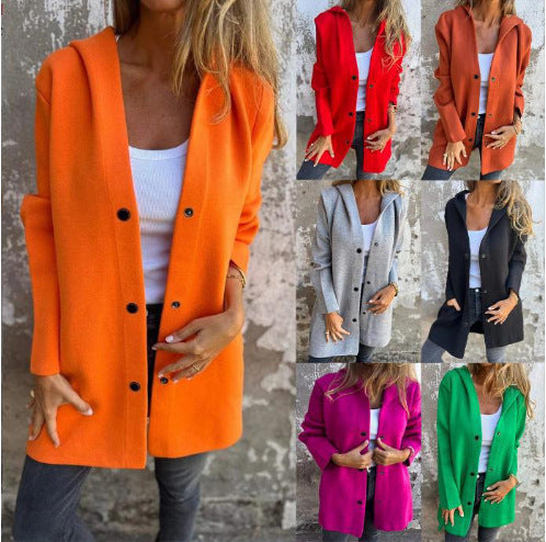 Damen nan Kapuzenmantel mittellanger Baumwollmix mit Druckknopfleiste und Eingrifftaschen