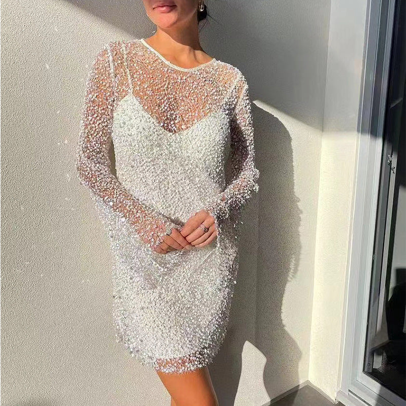 Damen Glitzerndes Cocktailkleid mit schimmernden Pailletten und langen Ärmeln Selmira