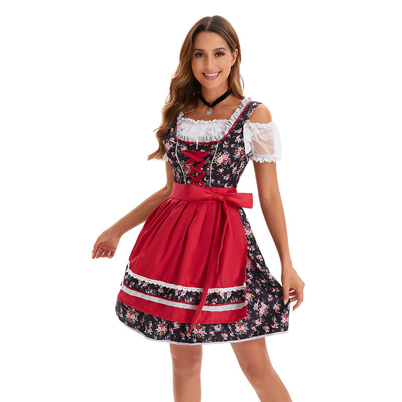 Damen nan kurzes traditionelles Dirndl mit Schnürkorset, Carmenärmelbluse und dekorativer Schürze
