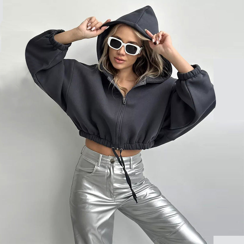 Damen nan kurzes Oversize-Kapuzensweatshirt mit Halbzip und Kordelzugbund