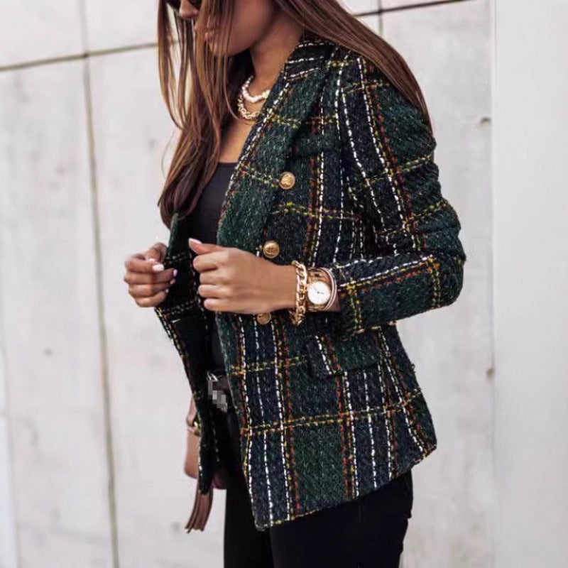 Damen nan eleganter Tweed-Blazer mit Doppelknopf, strukturierter Wung und aufgesetzten Taschen