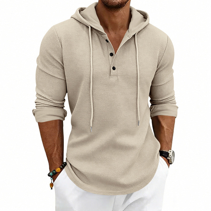 Herren nan lässiges Waffelstrick-Henley Kapuzenpullover mit Knopfleiste