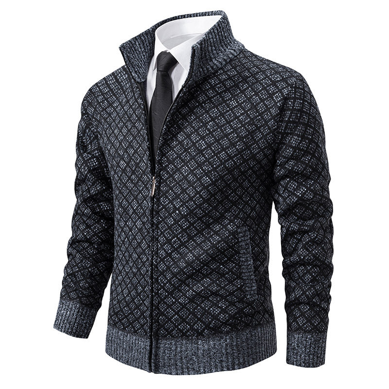 Herren nan gemusterte Strickjacke mit Stehkragen und durchgehendem Reißverschluss