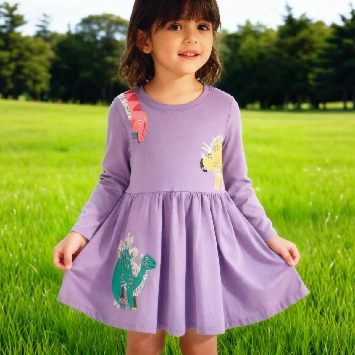 Mädchen Freizeitkleid mit lustigen Dinosaurier-Applikationen