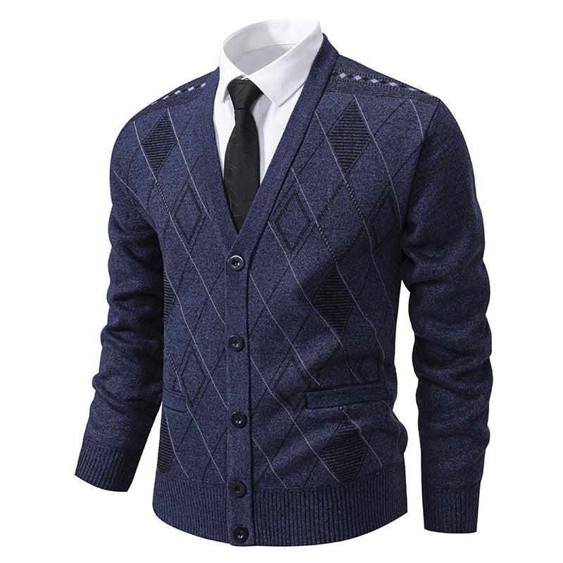 Herren nan feiner Rauten-Strickcardigan mit V-Ausschnitt, Knopfleiste und Eingriffstaschen