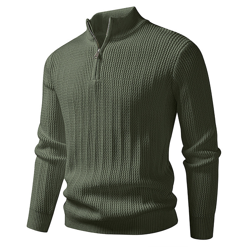 Herren nan feinstrukturierter Halbzip-Pullover mit Stehkragen, geripptem Strukturstrick und schmaler Passform