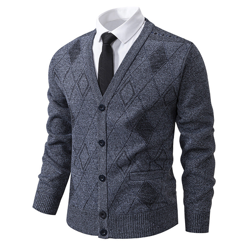 Herren nan feiner Rauten-Strickcardigan mit V-Ausschnitt, Knopfleiste und Eingriffstaschen