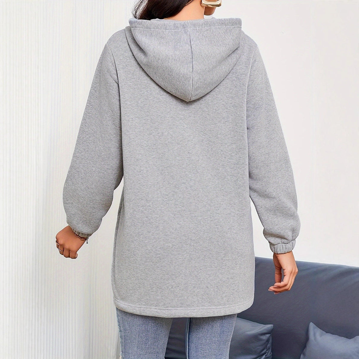 Damen nan Longline-Kapuzenjacke mit durchgehendem Reißverschluss, Kängurutaschen und elastischen Bündchen