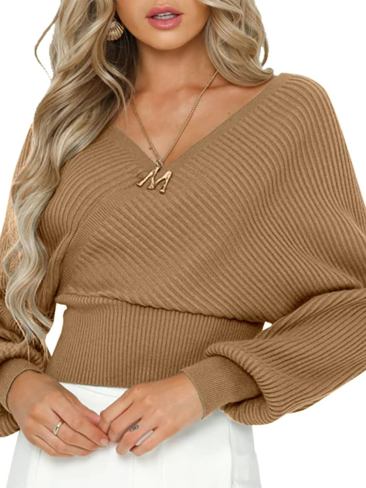 Damen nan gestrickter Off-Shoulder Cropped-Pullover mit Wickeloptik und Ballonärmeln