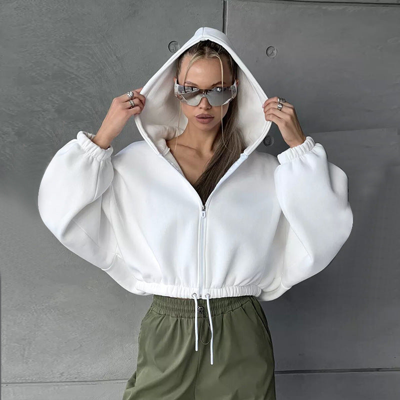 Damen nan kurzes Oversize-Kapuzensweatshirt mit Halbzip und Kordelzugbund