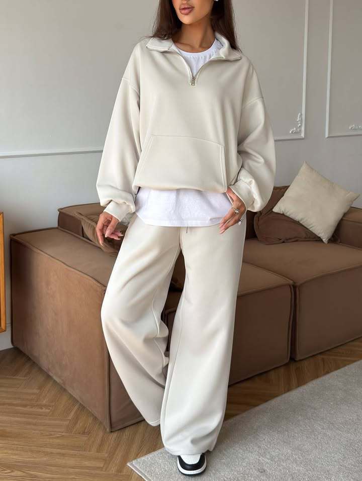 Damen nan weites Halfzip-Lounge-Set mit Kapuzenpullover, Kängurutasche und fließender Wide-Leg-Hose