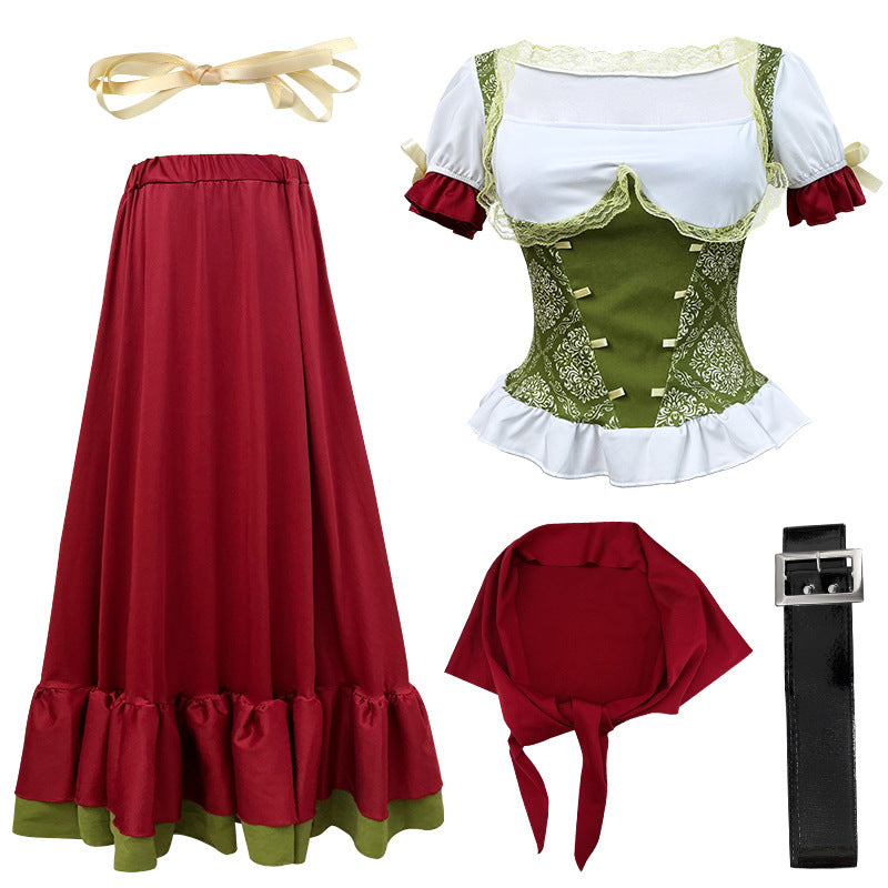 Damen nan traditionelles Dirndl Trachtenkleid Ensemble mit verstellbarem Corsagenmieder und langem Stufenrock