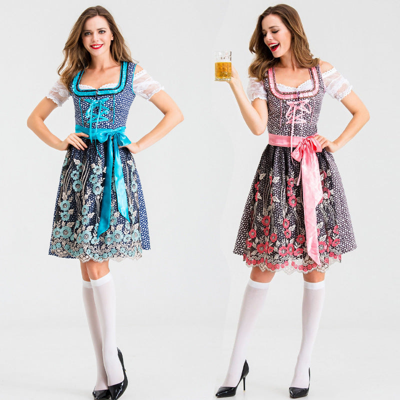 Damen nan traditionelles Kurzdirndl mit Spitzenärmeln, Schnürung und floraler Schürze