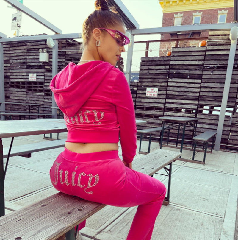 Damen nan luxuriöser Velours Trainingsanzug mit Reißverschlussjacke und Jogginghose