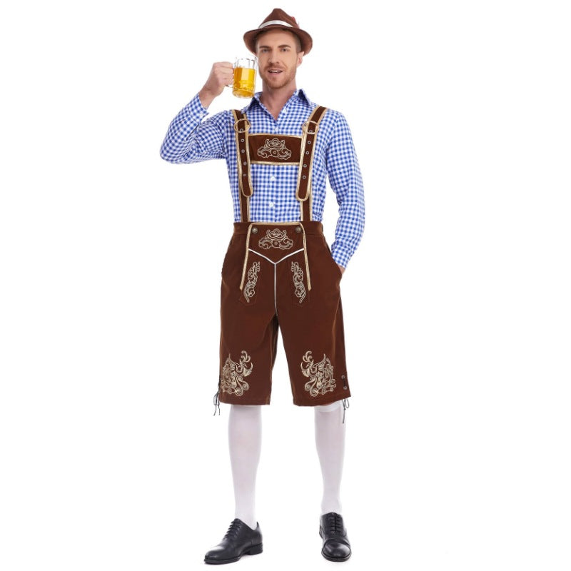 Herren nan Filzoptik-Lederhose knielang mit barocker Stickerei, verstellbaren Trägern und Dekornieten