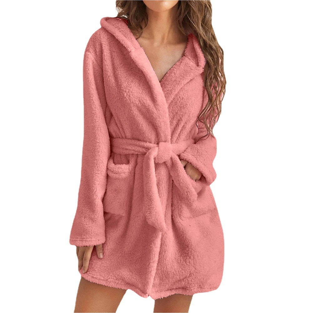 Damen Fleece Bademantel mit Kapuze und Gürtel Selmira