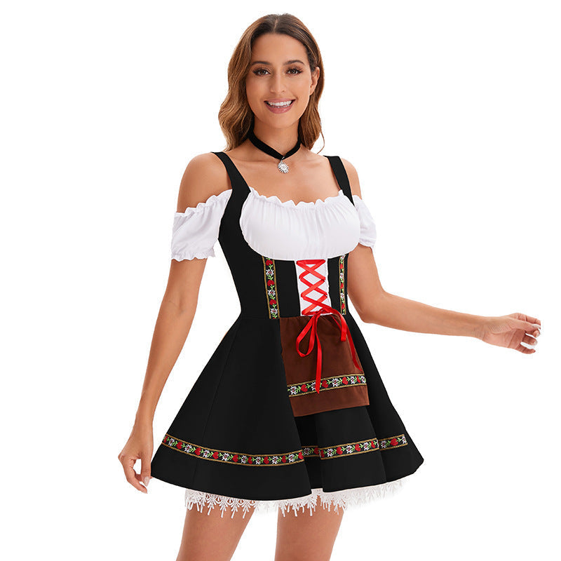 Damen nan kurzes Trachtenkleid im Dirndlstil mit Schnürung, schulterfreiem Carmen-Ausschnitt und Zierschürze